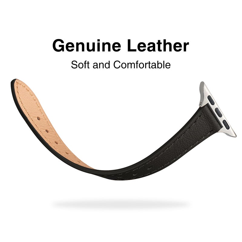 STIROLL Slim Leather Bands Compatible with Apple Watch Band 38mm 40mm 41mm 42mm(Series 11 10), Top Grain Leather Watch Thin Wristband for iWatch SE 9 8 7 6 5 4 3 2 1 (Black Silver) - Image 2